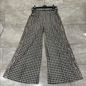 Houndstooth Wide Leg Sequin-Trim Pants - Black & White with Rose Gold Stripe